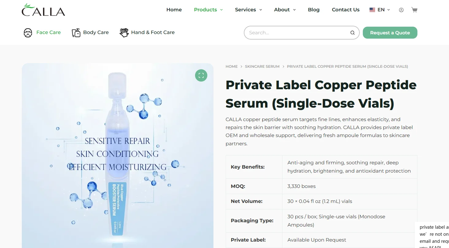 Webpage displaying private label copper peptide serum information with product image, description, and specifications.